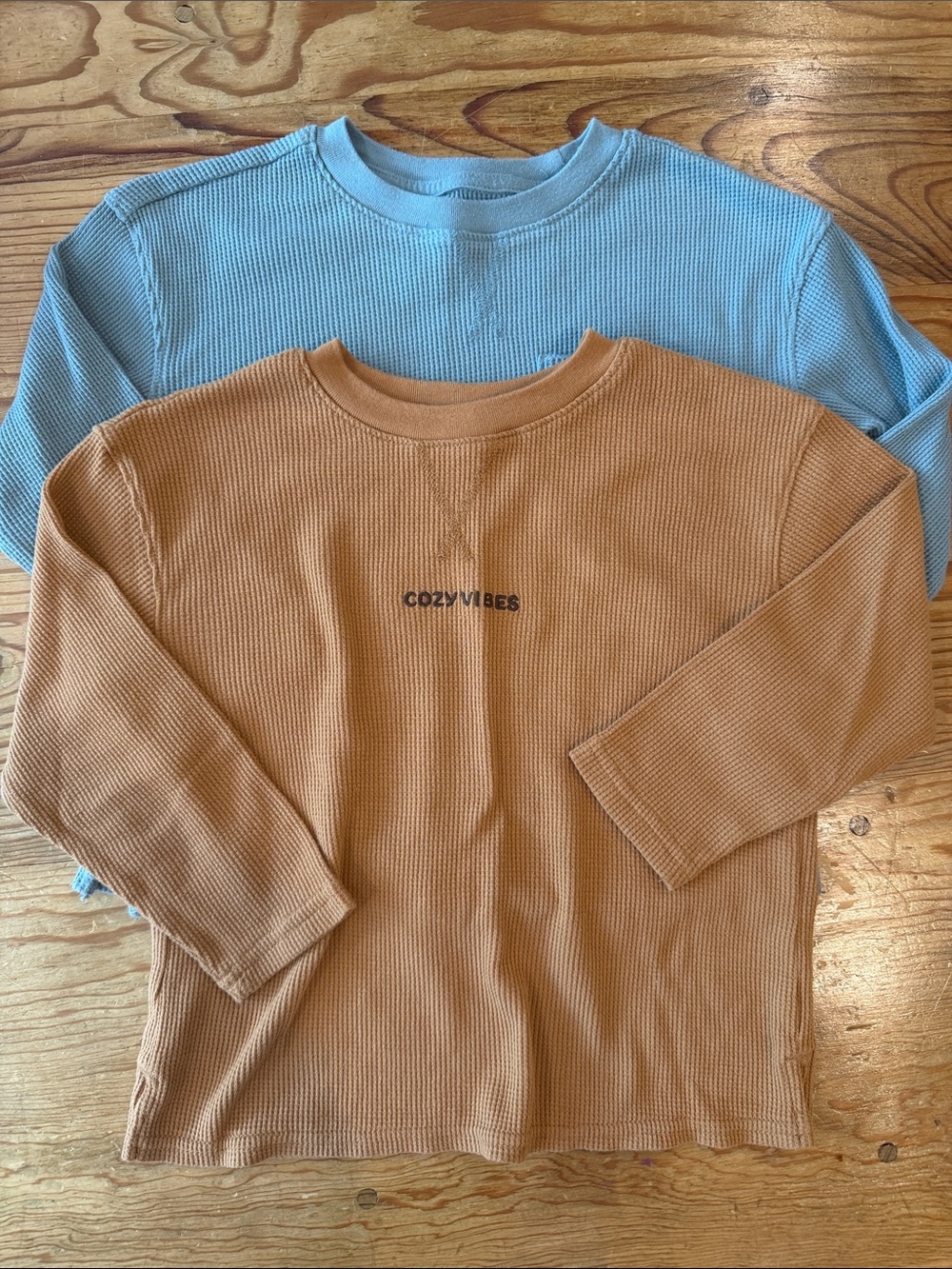 Cat & Jack Long Sleeve Waffle Tops - Tan & Light Blue